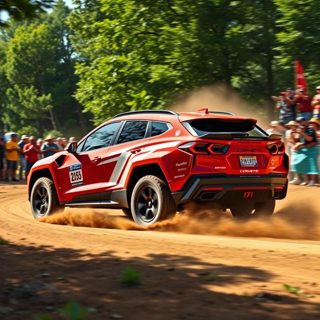 A powerful Corvette C8-based SUV performing in a thrilling dirt rally