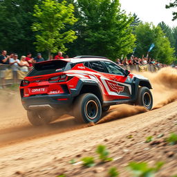 A powerful Corvette C8-based SUV performing in a thrilling dirt rally