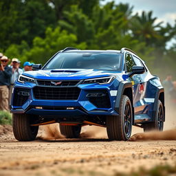 A dynamic front-facing view of a Corvette C8-based SUV, designed for rallying on dirt