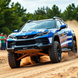 A dynamic front-facing view of a Corvette C8-based SUV, designed for rallying on dirt