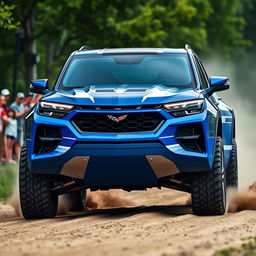 A dynamic front-facing view of a Corvette C8-based SUV, designed for rallying on dirt