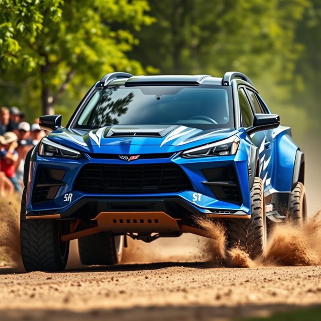 A dynamic front-facing view of a Corvette C8-based SUV, designed for rallying on dirt