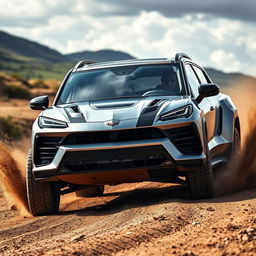 A striking front view of an SUV blending the sleek elements of a Corvette C8 and the robust features of a Porsche Cayenne