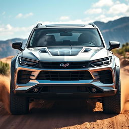 A striking front view of an SUV blending the sleek elements of a Corvette C8 and the robust features of a Porsche Cayenne