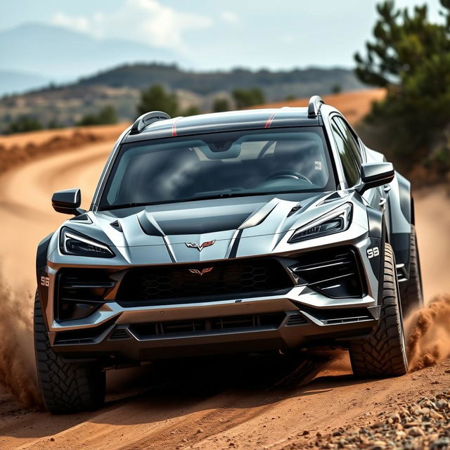 A striking front view of an SUV blending the sleek elements of a Corvette C8 and the robust features of a Porsche Cayenne