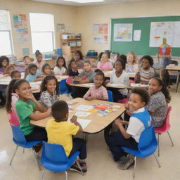 A lively, colorful classroom filled with diverse students and a teacher promoting inclusive education. Children of all abilities and backgrounds are engaged together in productive learning and collaborative activities.