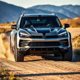 A striking front view of an SUV blending the sleek elements of a Corvette C8 and the robust features of a Porsche Cayenne