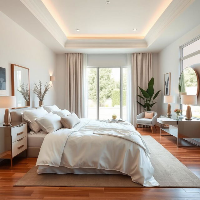 A beautifully decorated modern bedroom, featuring a king-size bed with luxurious white linens and plush pillows