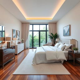 A beautifully decorated modern bedroom, featuring a king-size bed with luxurious white linens and plush pillows