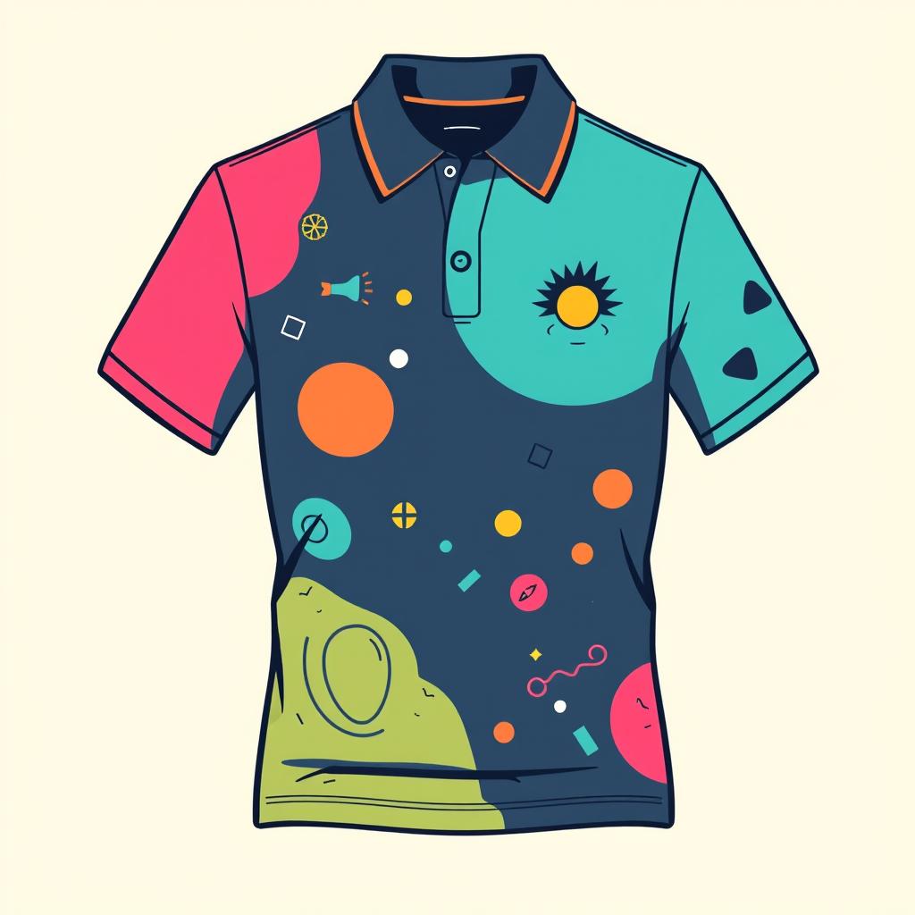 A stylish polo t-shirt design that resonates with millennials, featuring playful yet sophisticated graphics and patterns