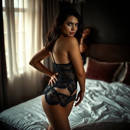 a provocative bedroom scene with a woman confidently flaunting her allure, adorned in intricate black lace lingerie, capturing the intimate tension in the ambiance