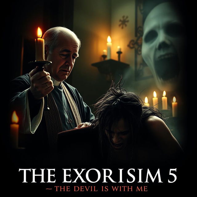 A chilling scene from a fictional horror movie titled 'The Exorcism 5: The Devil is With Me'