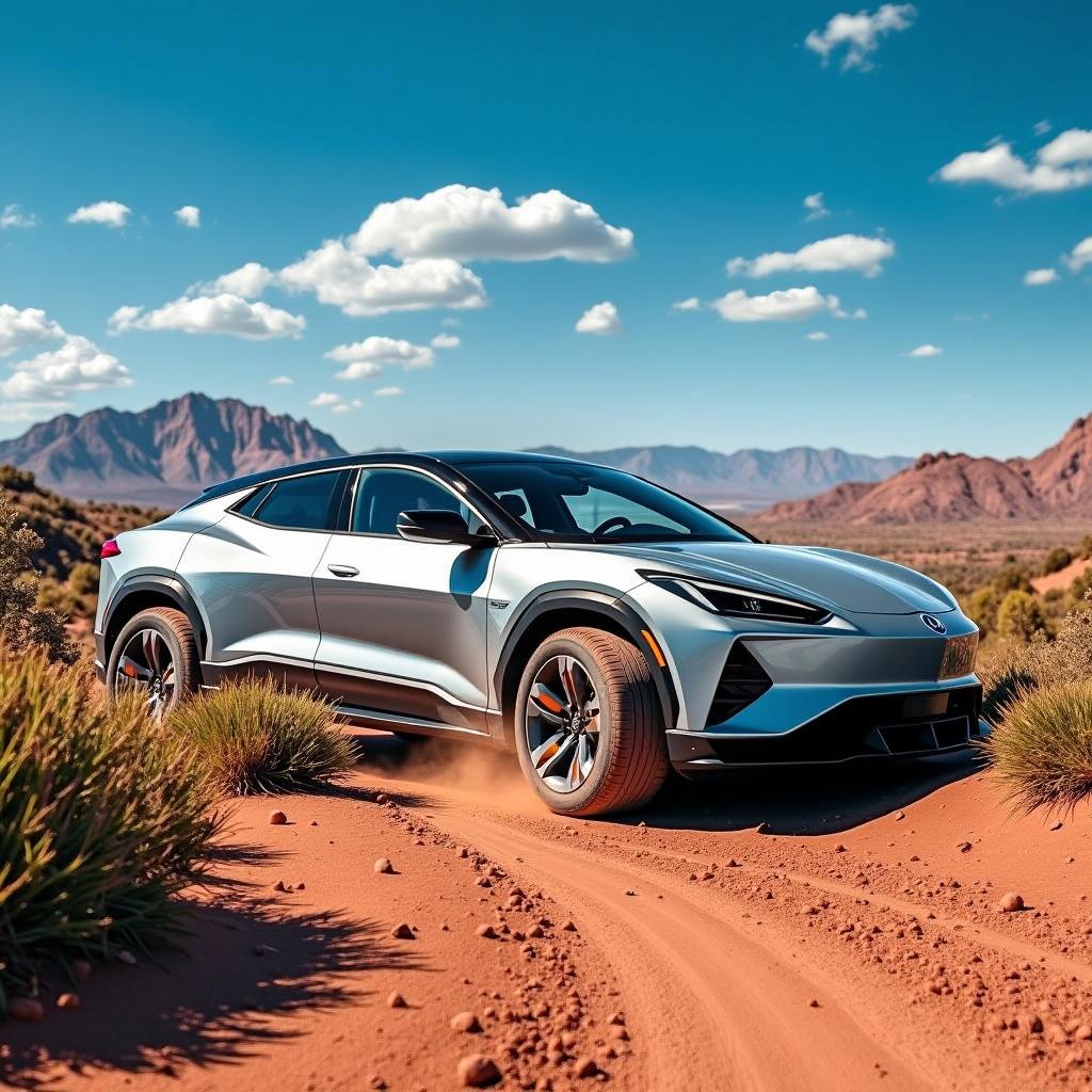 A dynamic scene featuring a Corvette C8-based SUV, expertly navigating an off-road dirt trail with majestic mountains in the distance