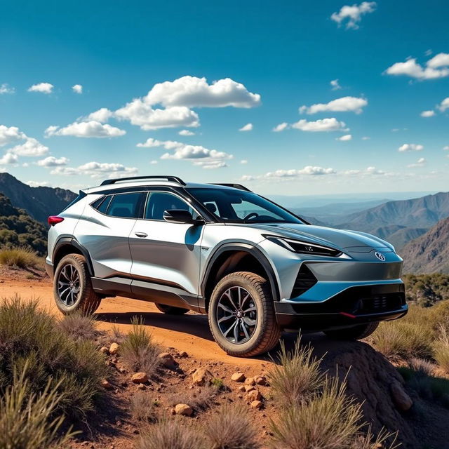 A powerful Corvette C8-based SUV on an offroad journey with mountains visible in the distance