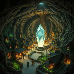 A vast underground village, nestled beneath the earth with intricate tunnels and expansive caverns