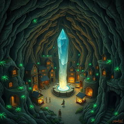 A vast underground village, nestled beneath the earth with intricate tunnels and expansive caverns