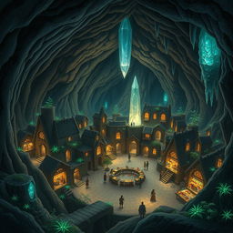 A vast underground village, nestled beneath the earth with intricate tunnels and expansive caverns