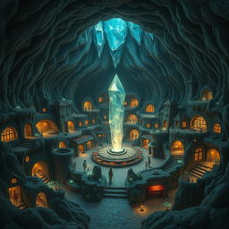 A vast underground village, nestled beneath the earth with intricate tunnels and expansive caverns