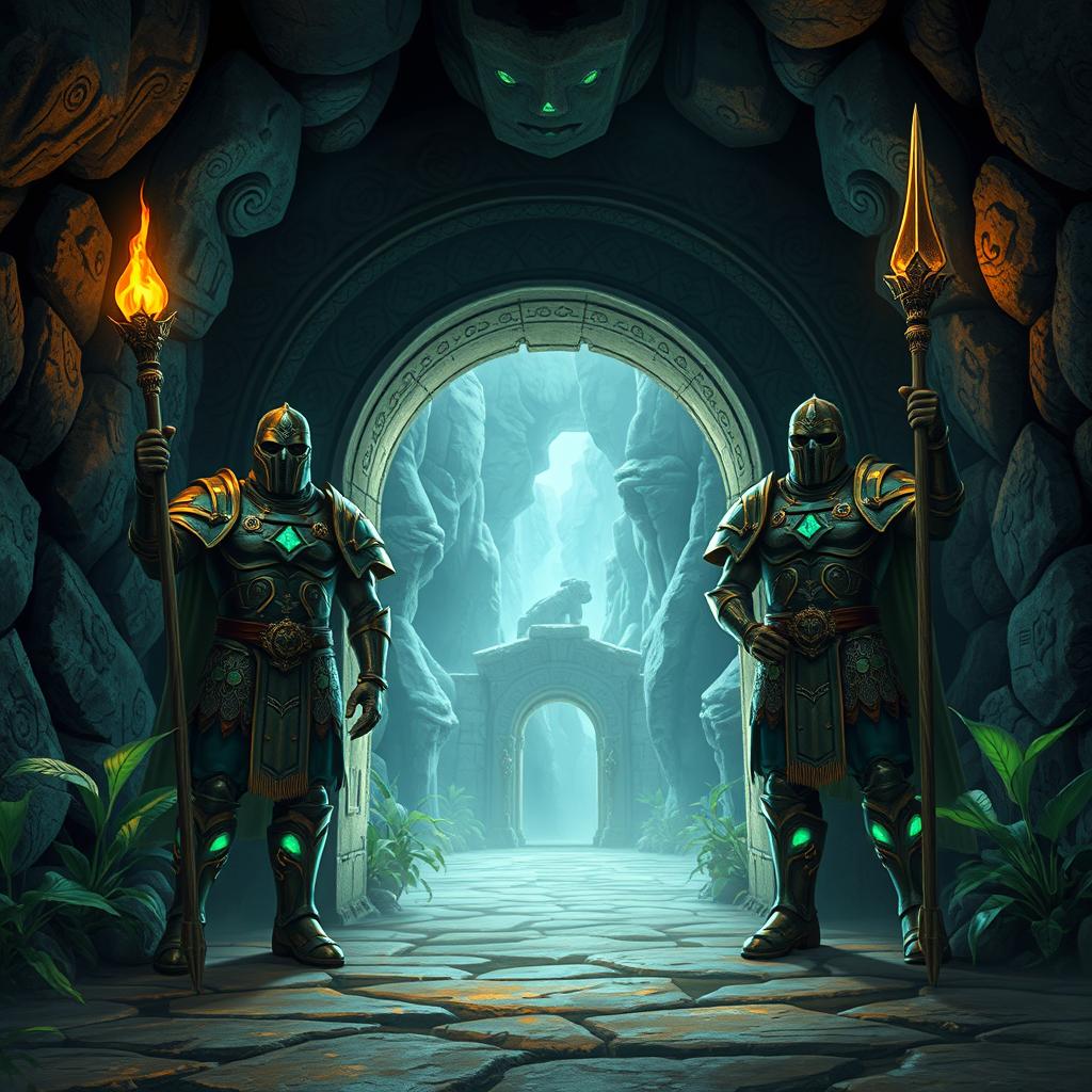 The entrance to a vast underground village, guarded by two imposing soldiers