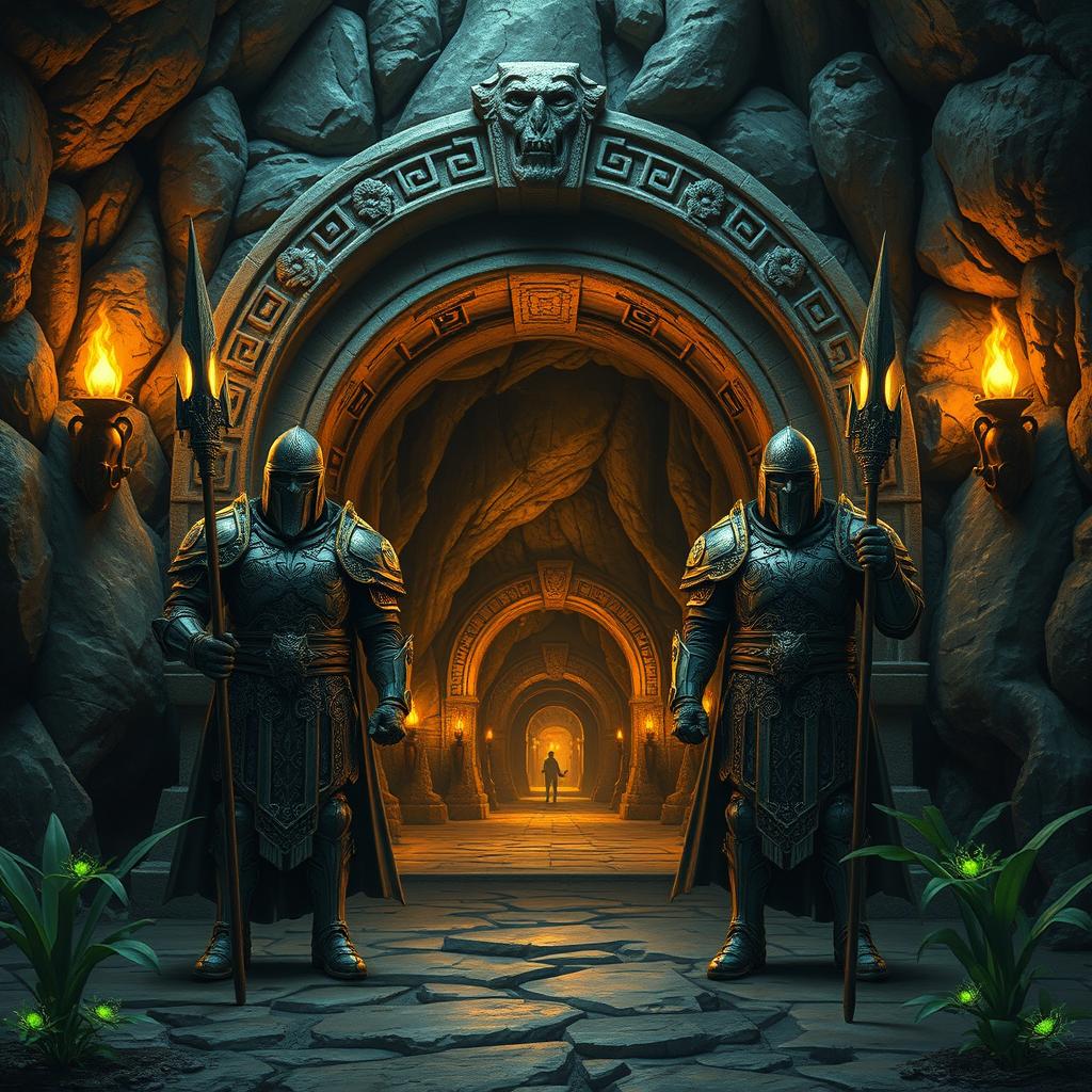 The entrance to a vast underground village, guarded by two imposing soldiers