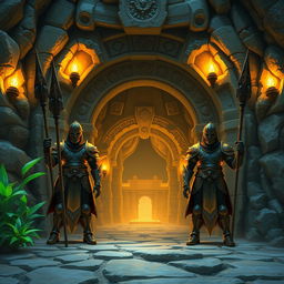 The entrance to a vast underground village, guarded by two imposing soldiers