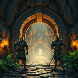 The entrance to a vast underground village, guarded by two imposing soldiers