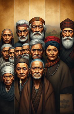 Ancestral lineage depicted through a series of portraits, each face representing a unique generation from ancient times to the modern day