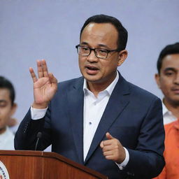 Anies Baswedan delivering a campaign speech while firmly holding the hand of a young person, seen in a high-definition close-up photo