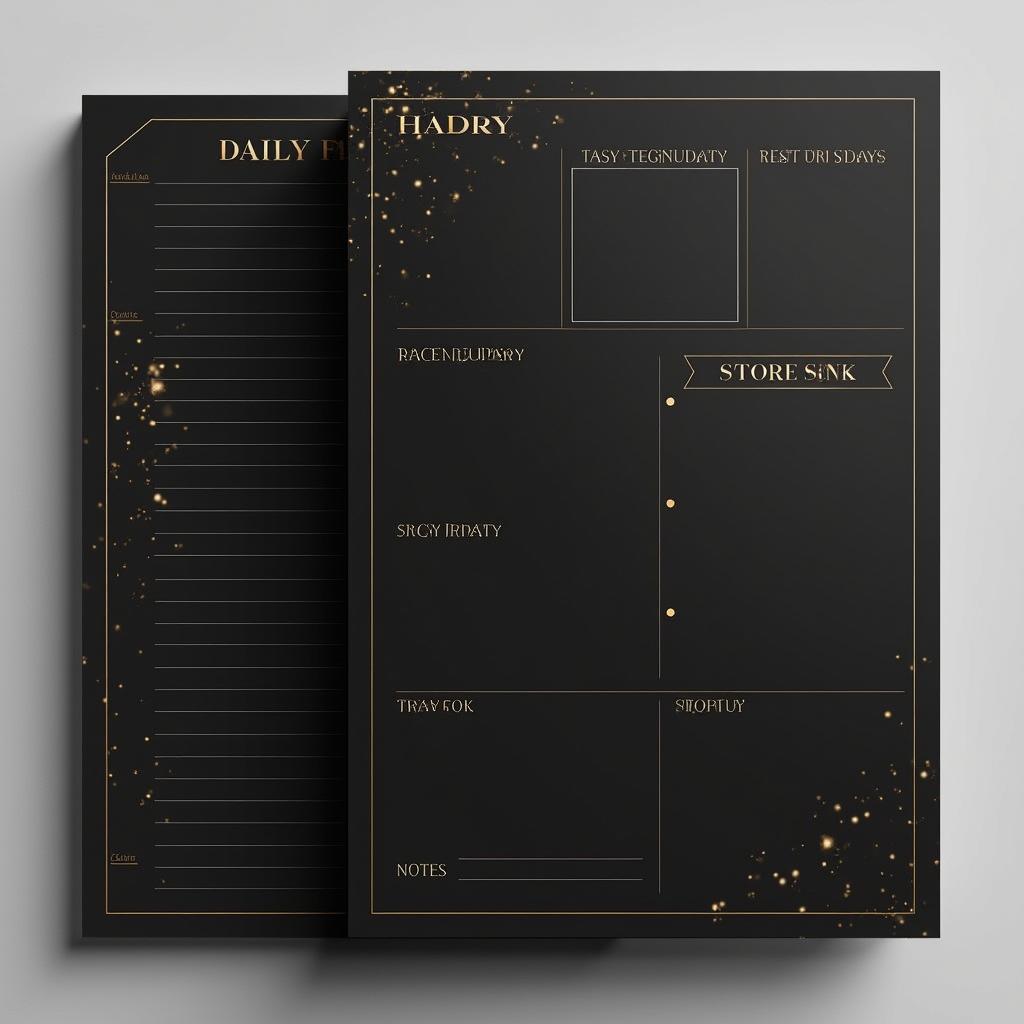 A minimalistic daily planner template design featuring an elegant black and gold color scheme