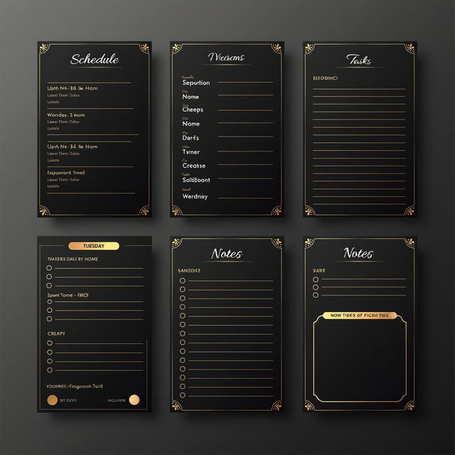 Create a sleek and modern daily planner template with an elegant black and gold color palette