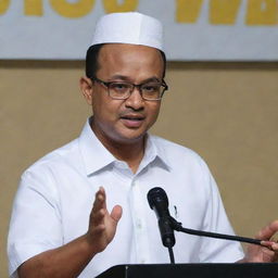 Anies Baswedan delivering a campaign speech while firmly holding the hand of a young person, seen in a high-definition close-up photo