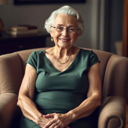 A confident, mature grandmother with a warm smile sits cross-legged in an armchair