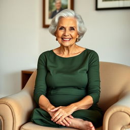 A confident, mature grandmother with a warm smile sits cross-legged in an armchair