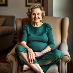 A confident, mature grandmother with a warm smile sits cross-legged in an armchair