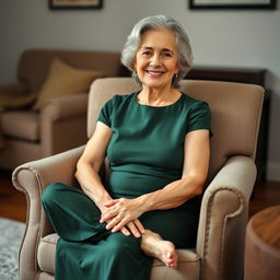 A confident, mature grandmother with a warm smile sits cross-legged in an armchair