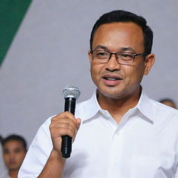 Anies Baswedan delivering a campaign speech while firmly holding the hand of a young person, seen in a high-definition close-up photo