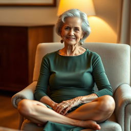 A mature grandmother with a gentle smile sits cross-legged in an armchair