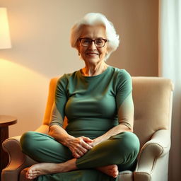 A mature grandmother with a gentle smile sits cross-legged in an armchair