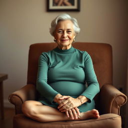 A mature grandmother with a gentle smile sits cross-legged in an armchair