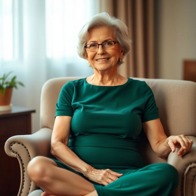 A mature grandmother with a gentle smile sits cross-legged in an armchair