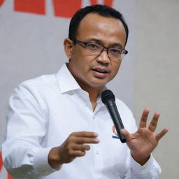 Anies Baswedan delivering a campaign speech while firmly holding the hand of a young person, seen in a high-definition close-up photo