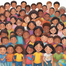 A vibrant and joyful cartoon illustration depicting diverse children from all around the world involved in an inclusive and accessible educational environment.