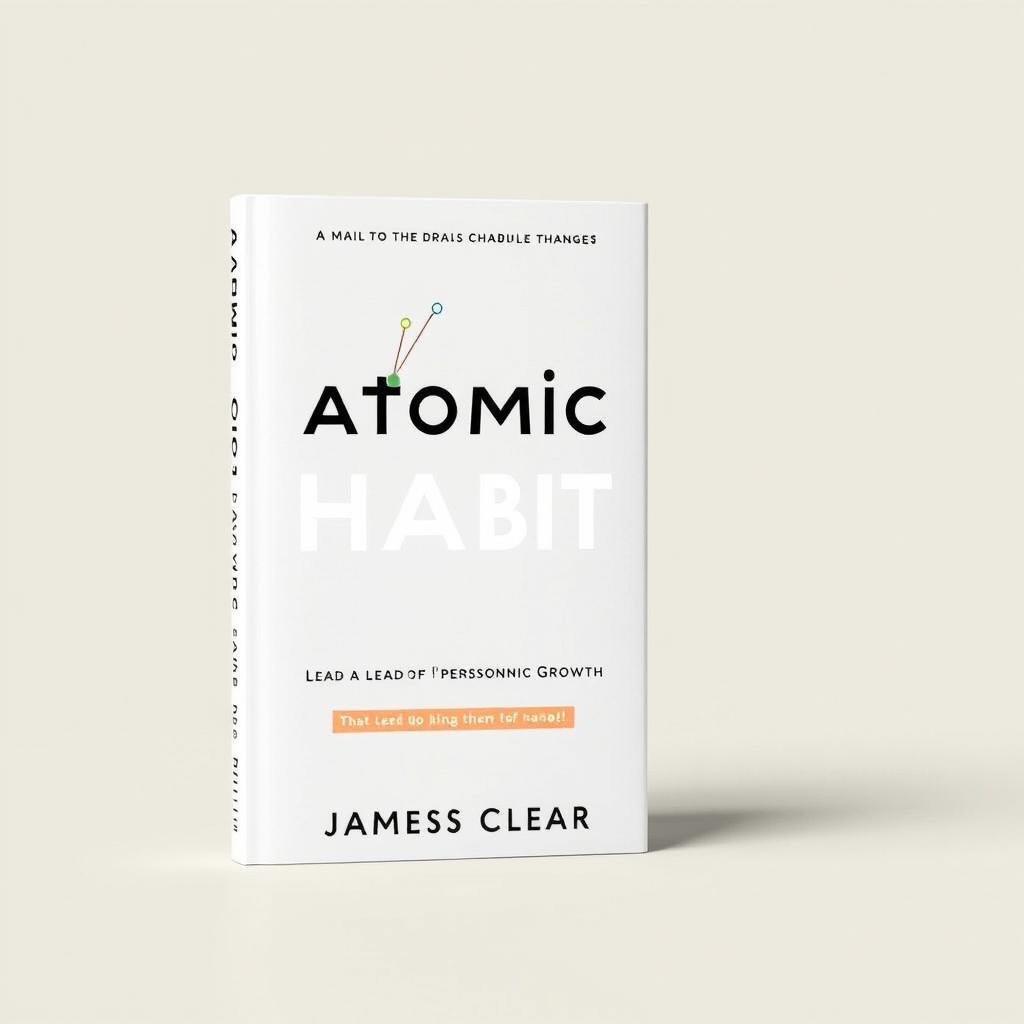 a book cover design for 'Atomic Habits' by James Clear, featuring clean lines and minimalistic design