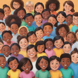 A vibrant and joyful cartoon illustration depicting diverse children from all around the world involved in an inclusive and accessible educational environment.