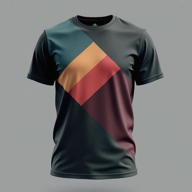 A t-shirt with a geometric pattern featuring a large diamond shape composed of four distinct colors: teal, mustard yellow, red, and dark maroon