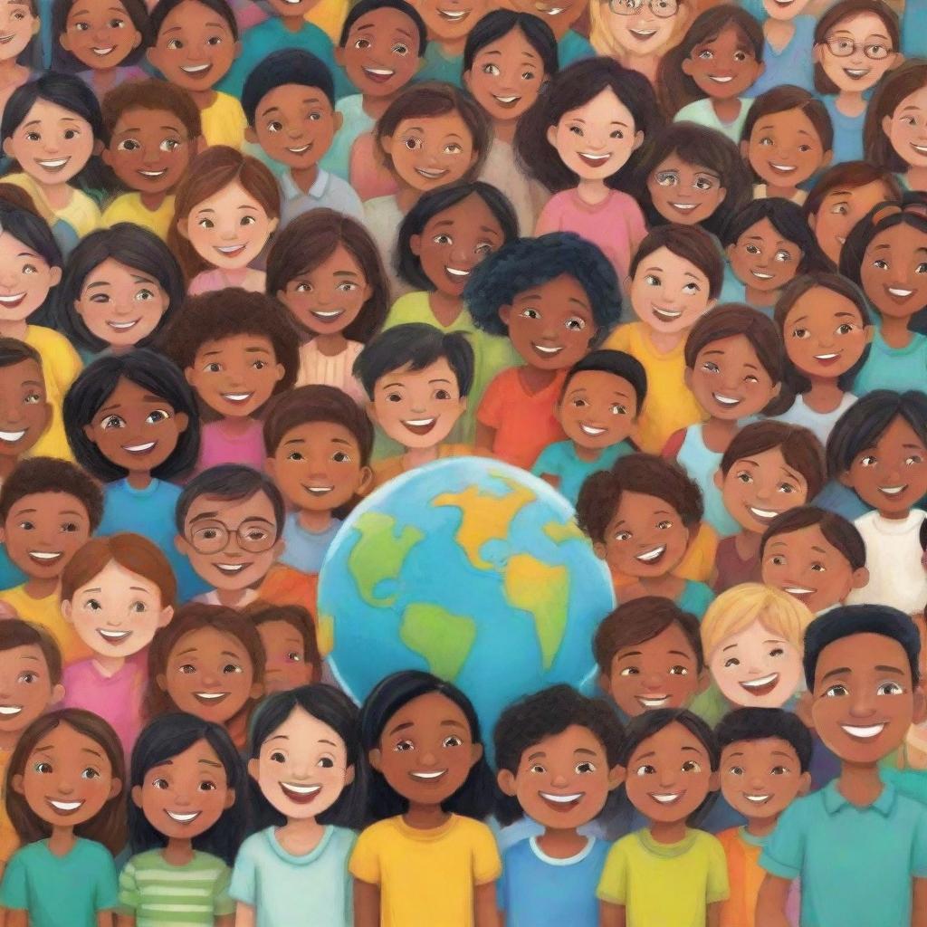 A vibrant and joyful cartoon illustration depicting diverse children from all around the world involved in an inclusive and accessible educational environment.