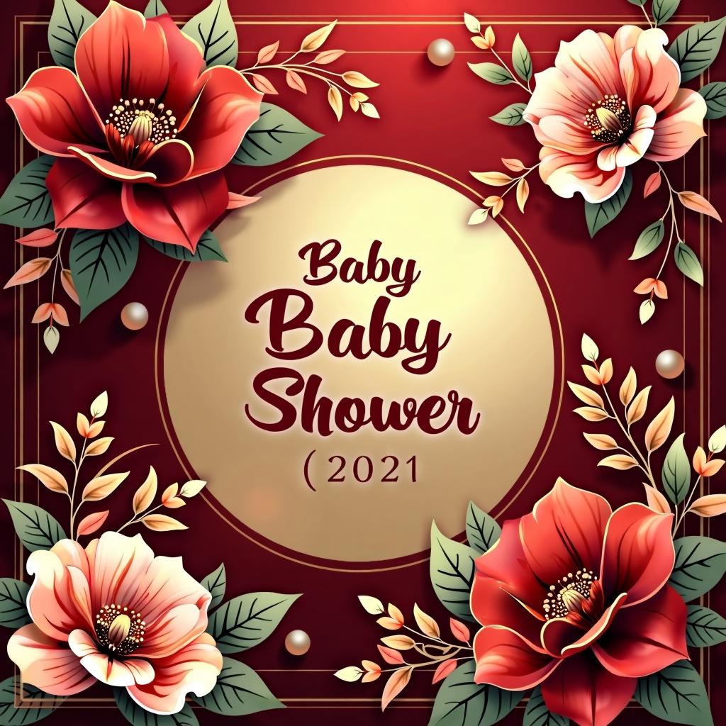 A captivating and elegant baby shower invitation featuring a stunning floral design in rich red and shimmering gold hues