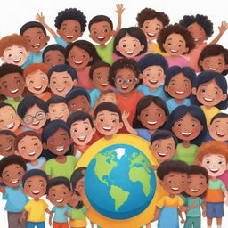 A vibrant and joyful cartoon illustration depicting diverse children from all around the world involved in an inclusive and accessible educational environment.