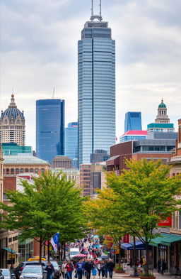 A bustling American-style cityscape with iconic Canadian architecture, featuring a towering modern skyscraper and a grand shopping mall at the forefront