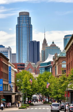 A bustling American-style cityscape with iconic Canadian architecture, featuring a towering modern skyscraper and a grand shopping mall at the forefront